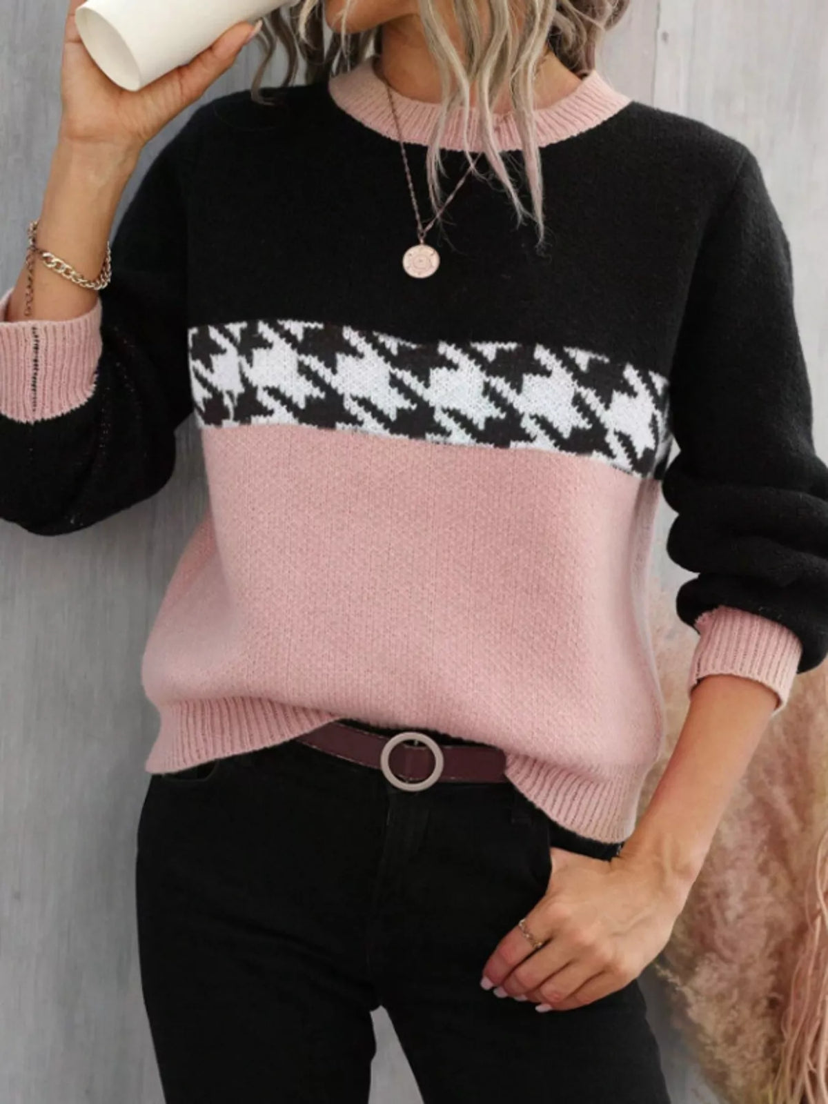 color block houndstooth sweater front view