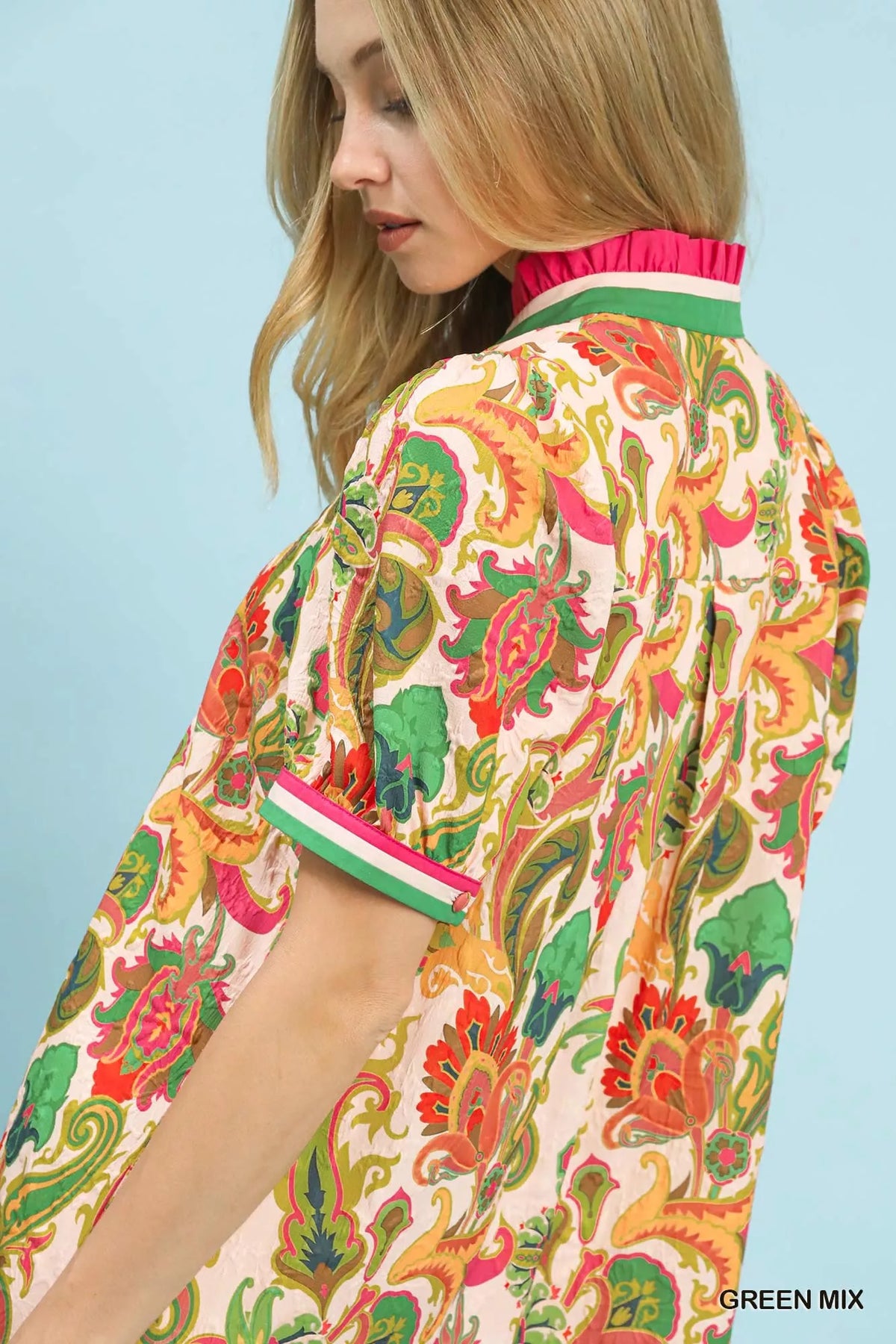 Green jacquard abstract print puff sleeve mini dress detail view