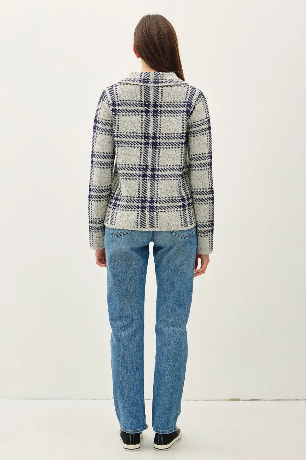 Plaid Button Front Sweater Jacket with Patch Pockets back view
