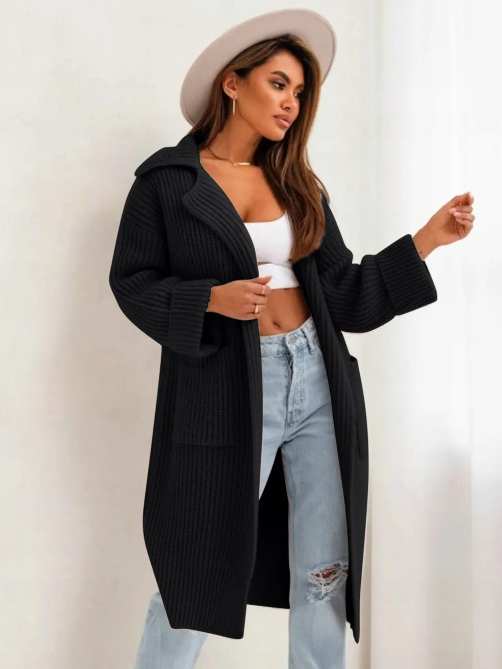 Pocketed Collared Neck Dropped Shoulder Cardigan - Fashorio