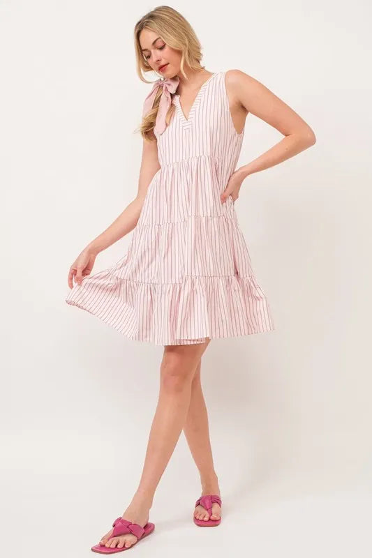 Striped Sleeveless V Neck Tiered Dress back view