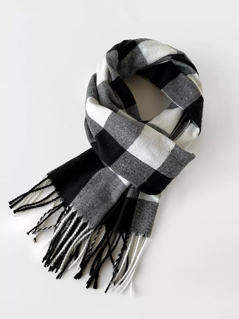 Classic plaid fringe scarf draped view