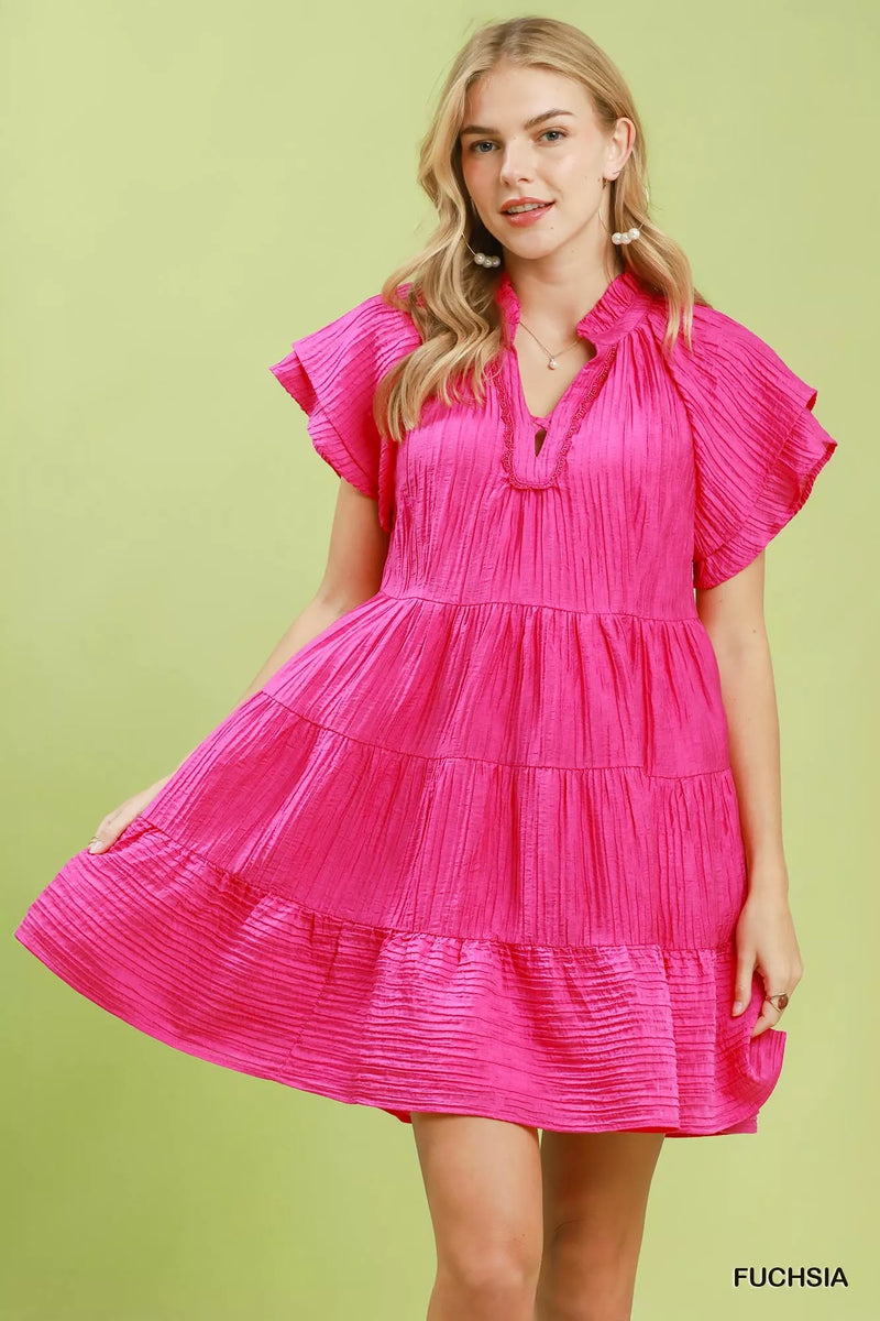 Fuchsia tiered ruffle sleeve textured mini dress front view