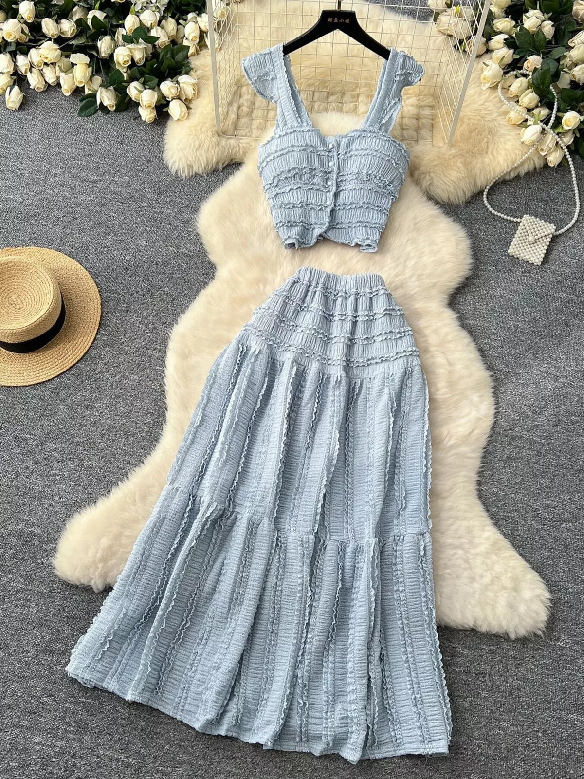 Textured Crop Top and Tiered Skirt Set, view 21
