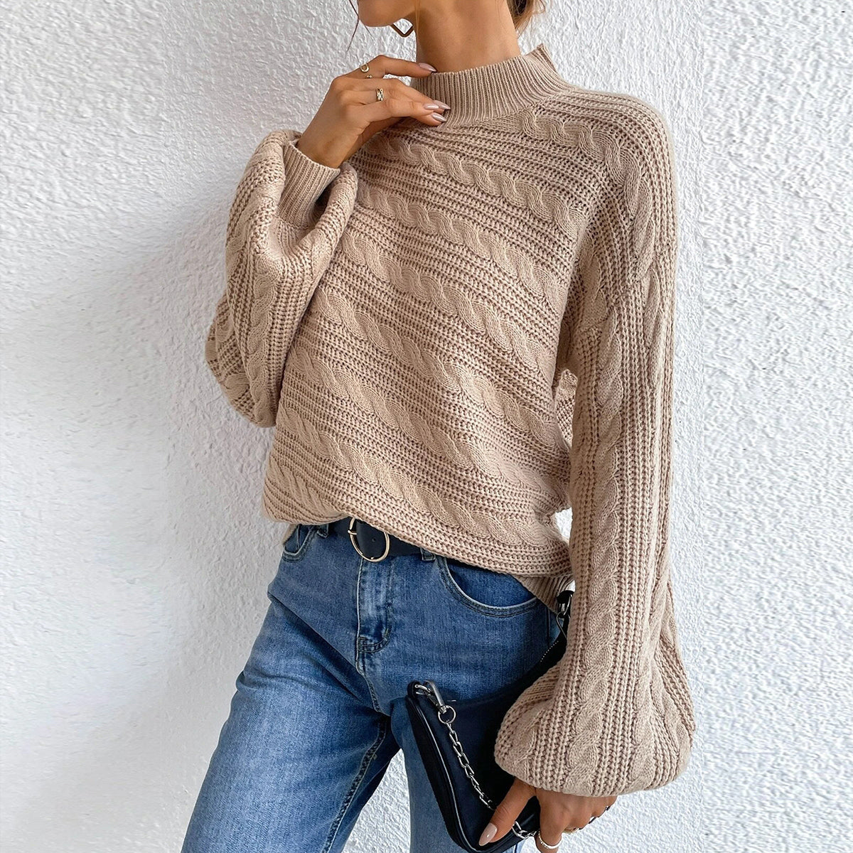 Cable-Knit Mock Neck Long Sleeve Sweater - Fashorio