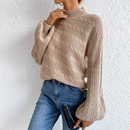 Cable-Knit Mock Neck Long Sleeve Sweater - Fashorio
