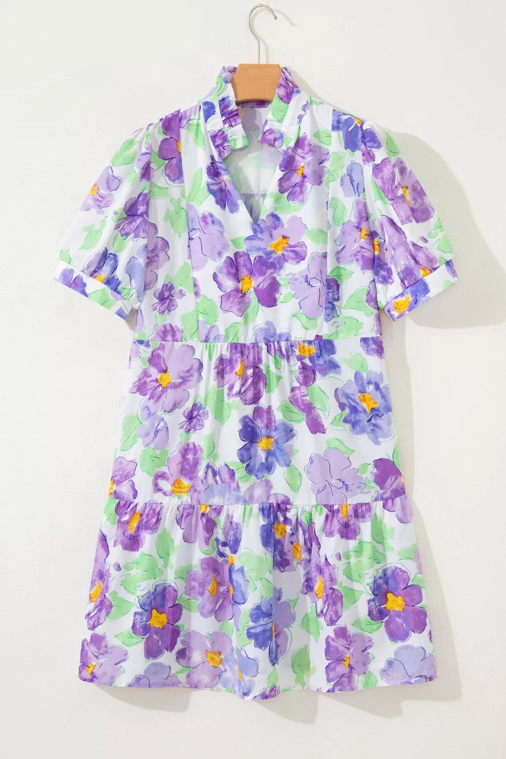Lilac floral V collar tiered ruffle mini dress detail view