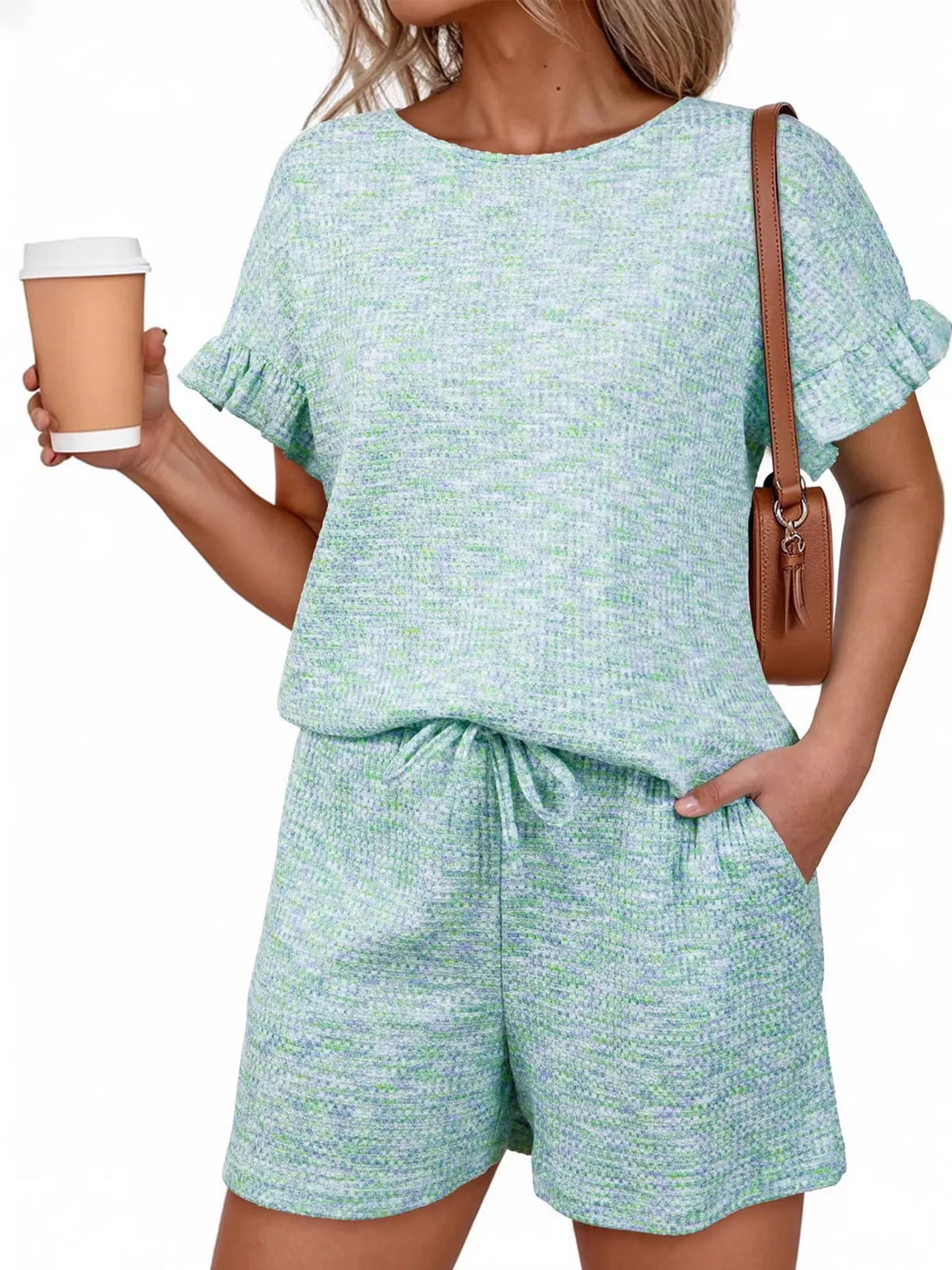 Ruffle Sleeve Textured Top and Shorts Set, view 17