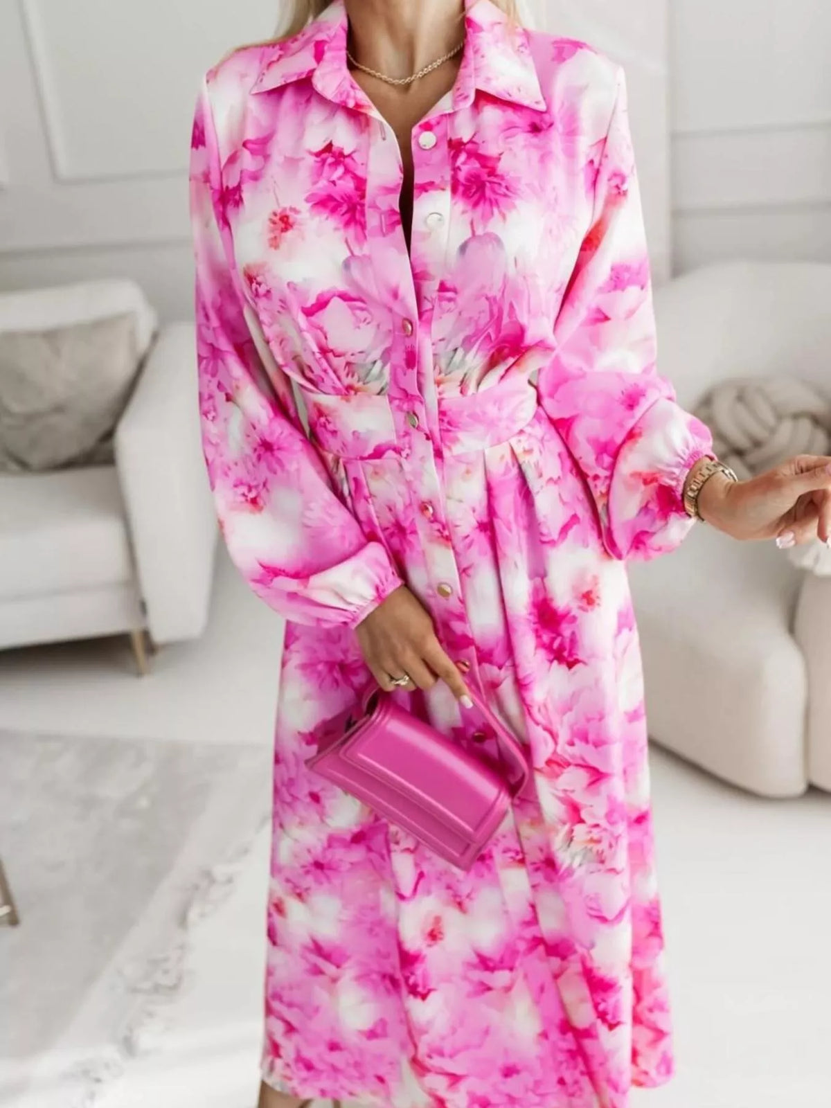 Printed button front maxi shirt dress styled look
