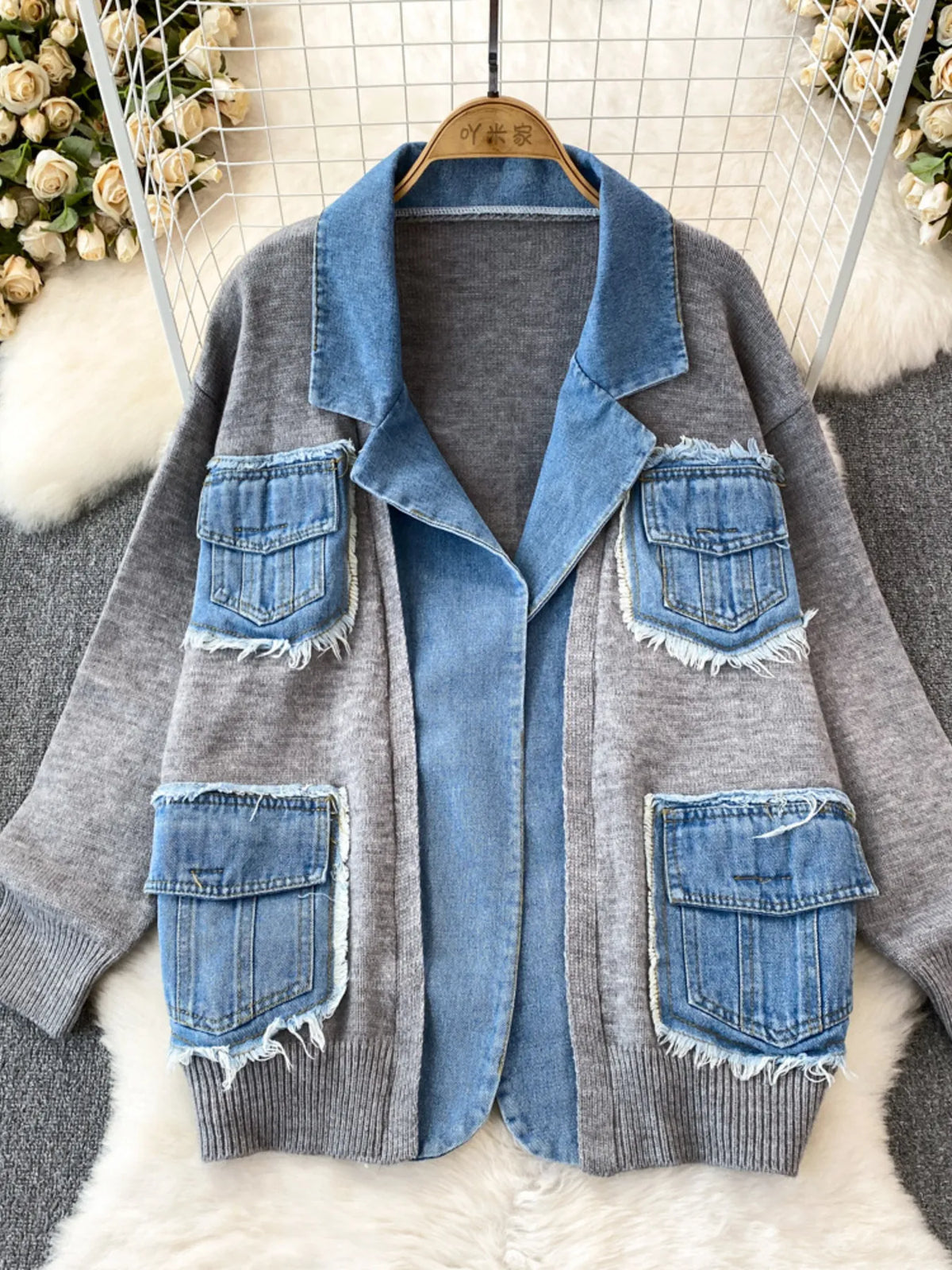 raw hem patchwork pocket cardigan full length view