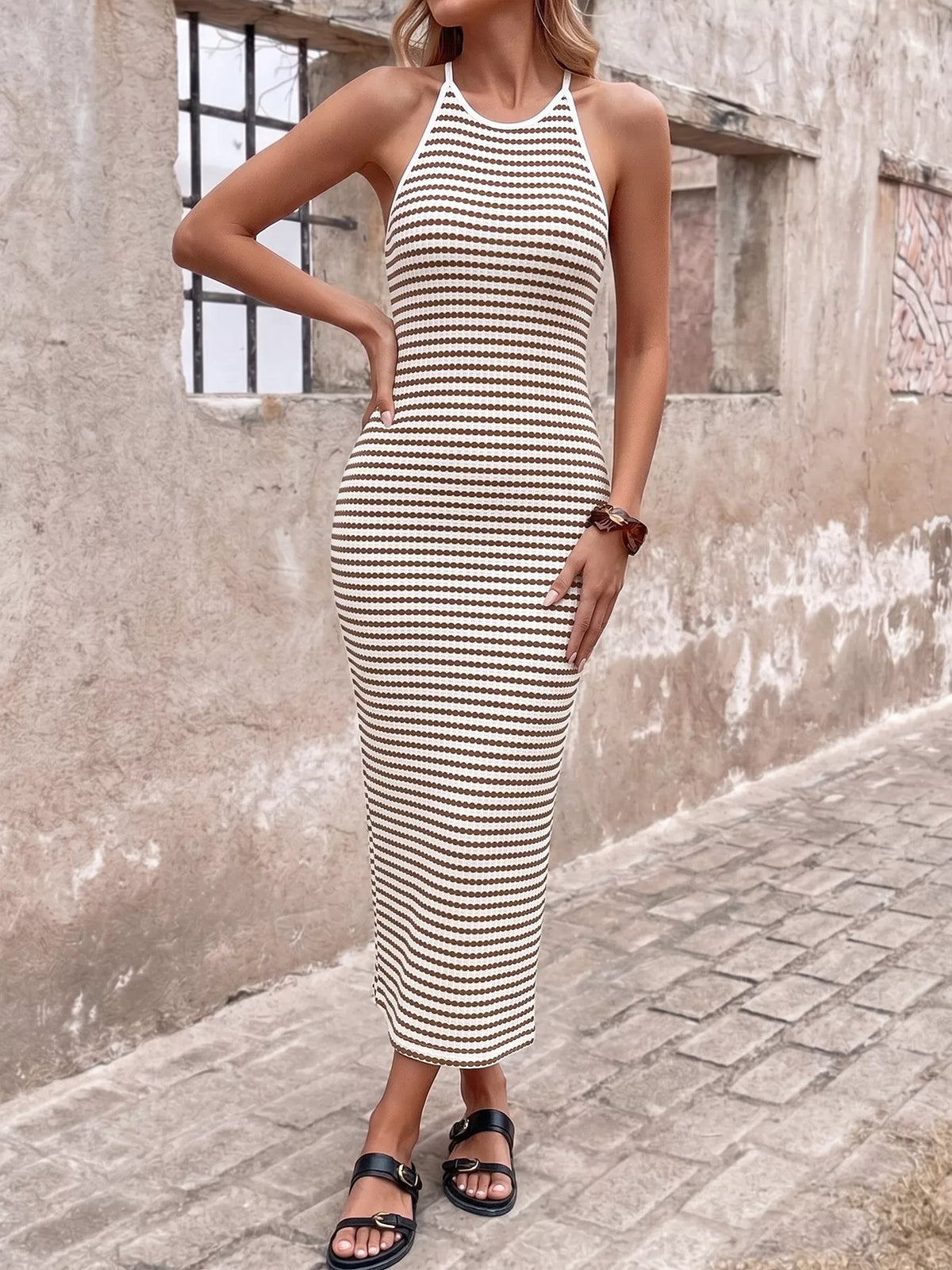 Brown striped sleeveless bodycon dress side view