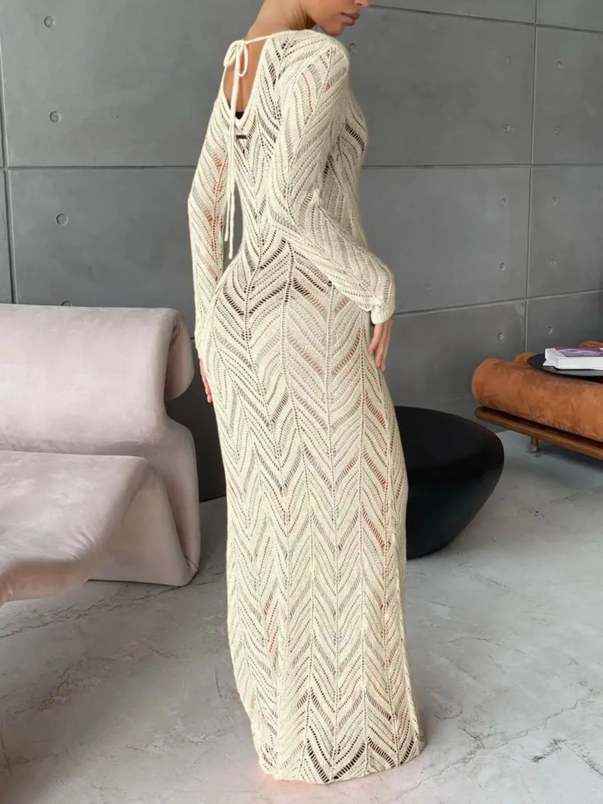 openwork knit long sleeve cover up maxi dress hem detail