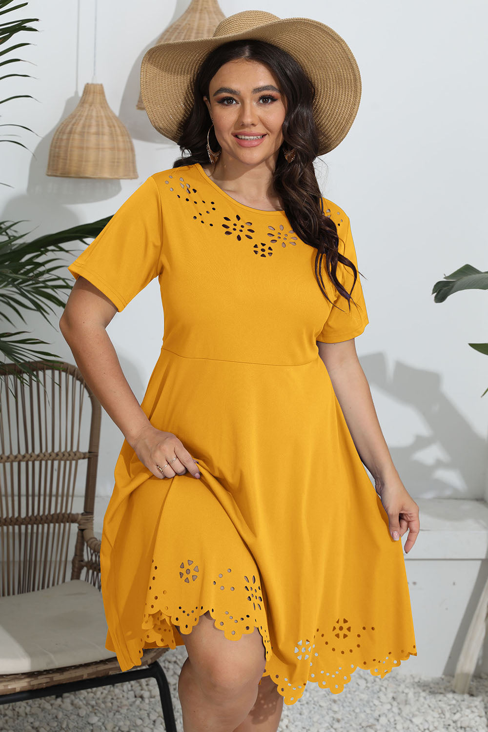 Plus Size Round Neck Openwork Dress – Chic Everyday Comfort - Fashorio
