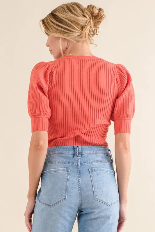 And The Why Puffed Half Sleeve Rib Basic Bodysuit - Fashorio