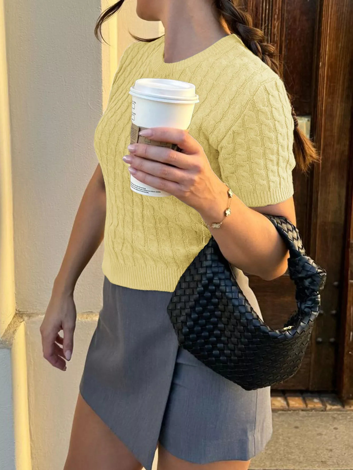 cable knit short sleeve sweater styled full outfit