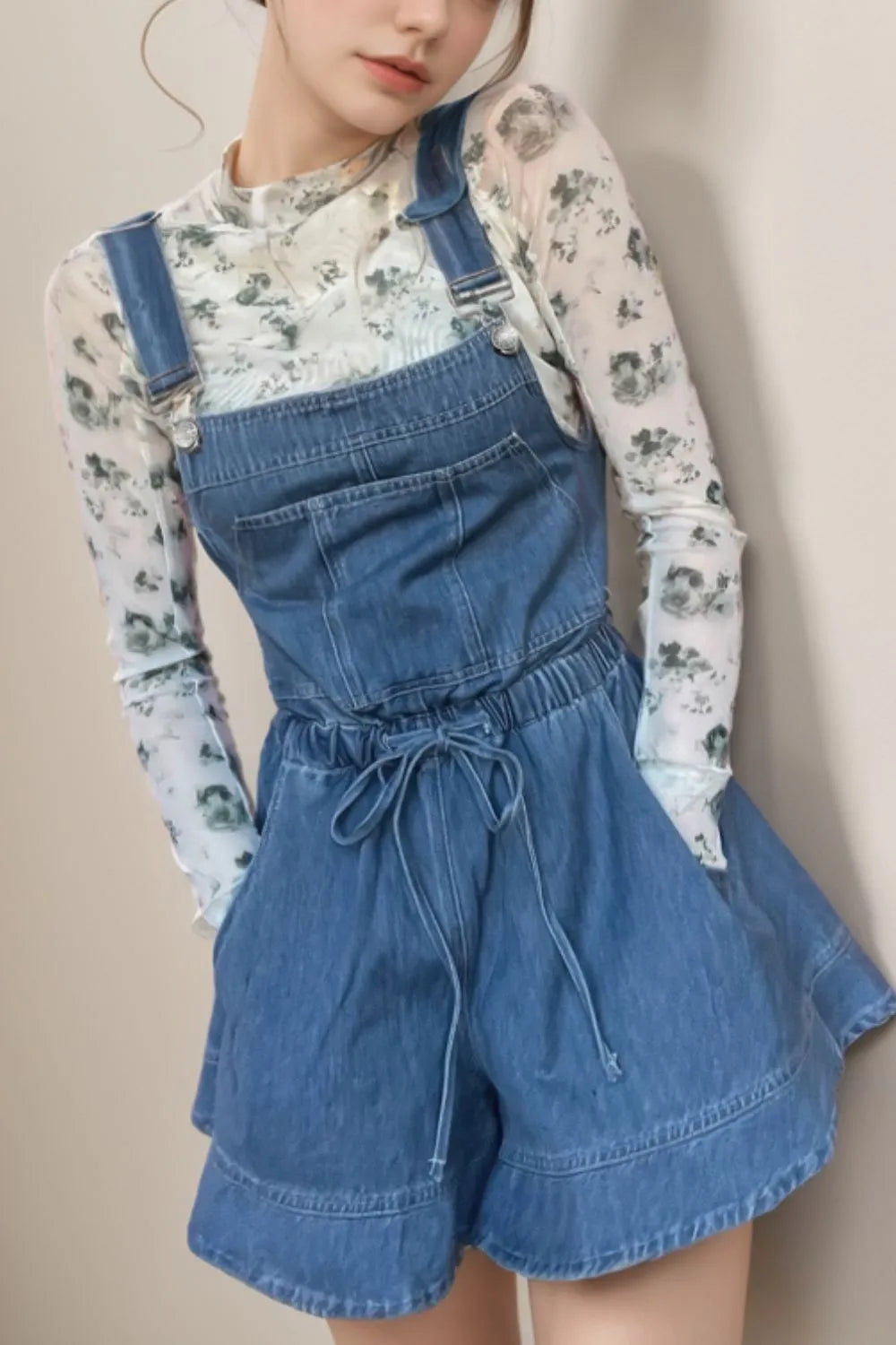 Wide Strap Square Neck Denim Overalls Dusty Blue - Fashorio