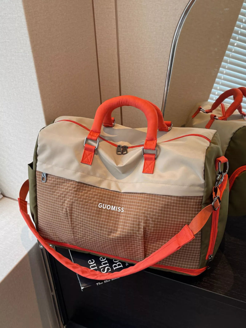 Brown plaid nylon travel duffel bag front view