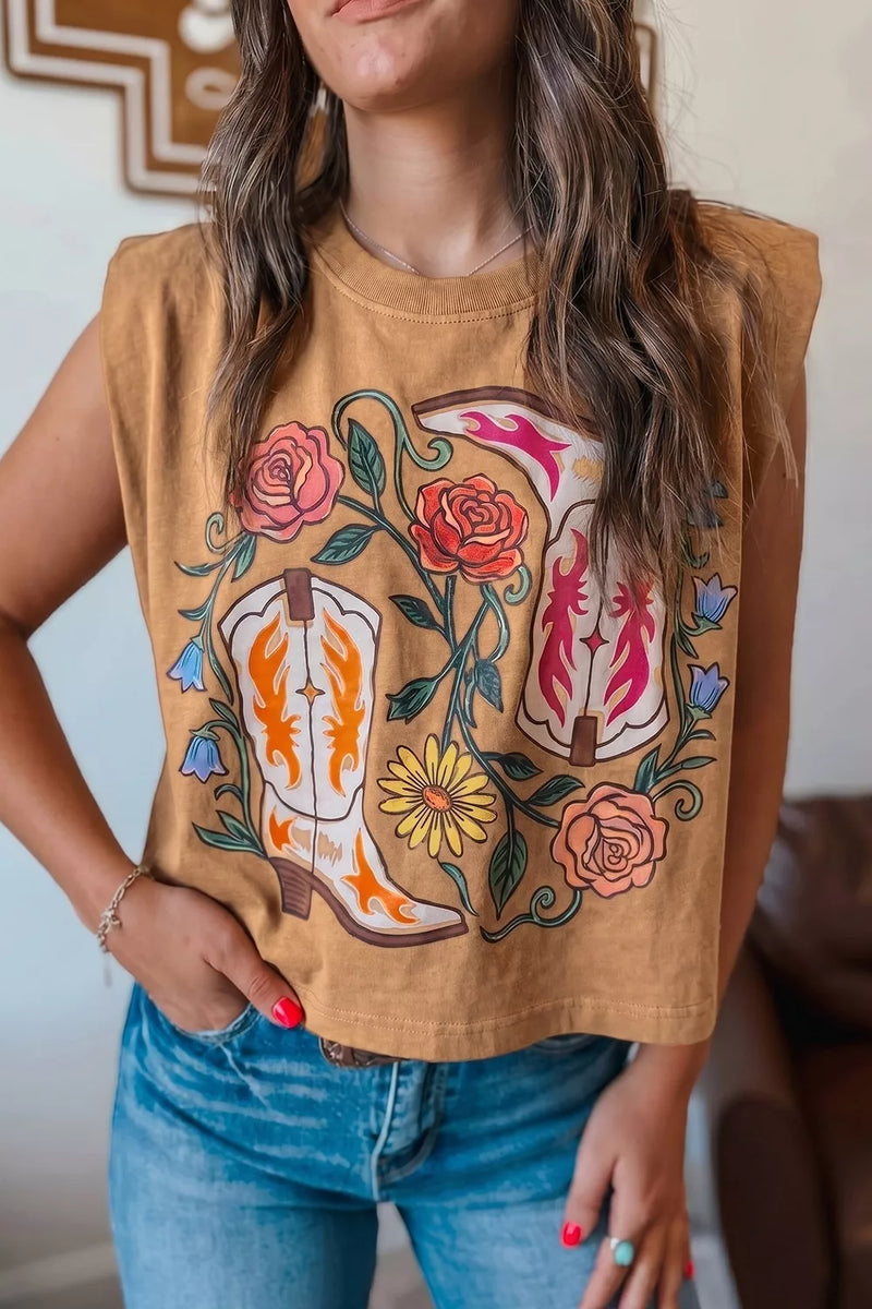 Western boots floral print sleeveless tank top in taupe front view