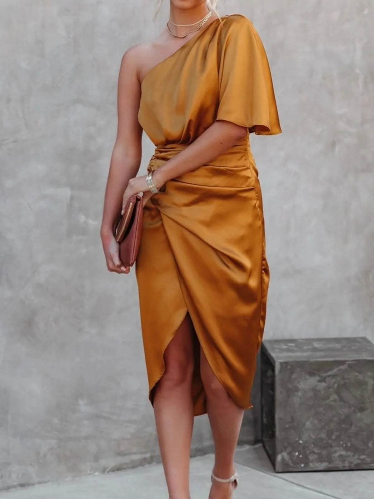 One shoulder satin wrap dress with side slit back detail
