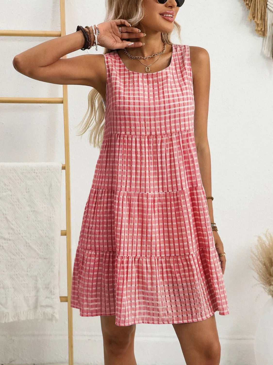 Plaid Round Neck Sleeveless Mini Dress in Light Blue view 16