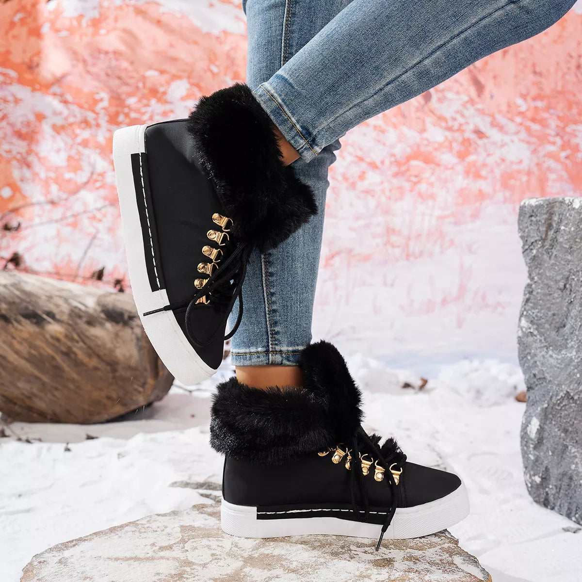 Fuzzy trim lace up ankle boots detail of the heel