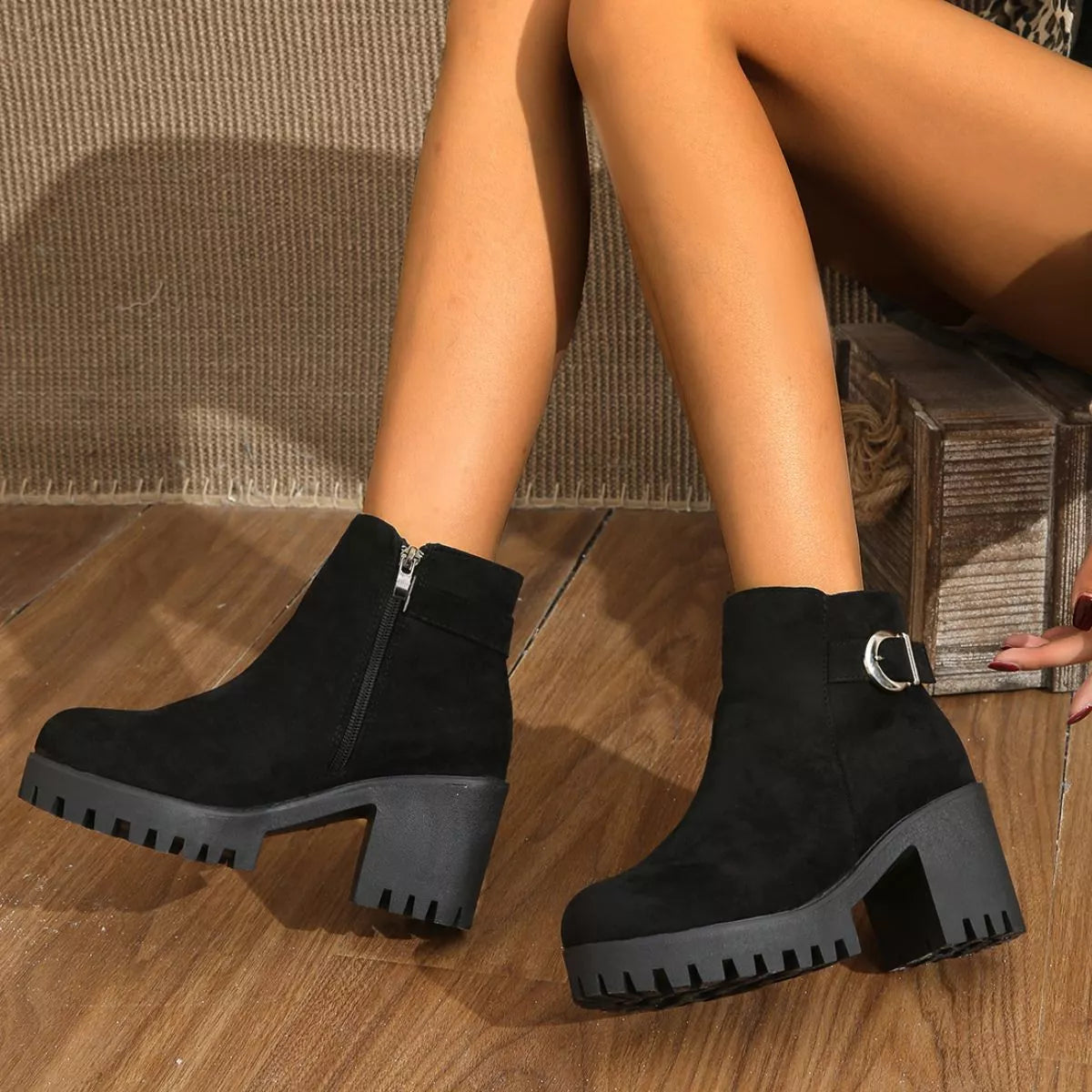 Suede round toe block heel boots upper detail