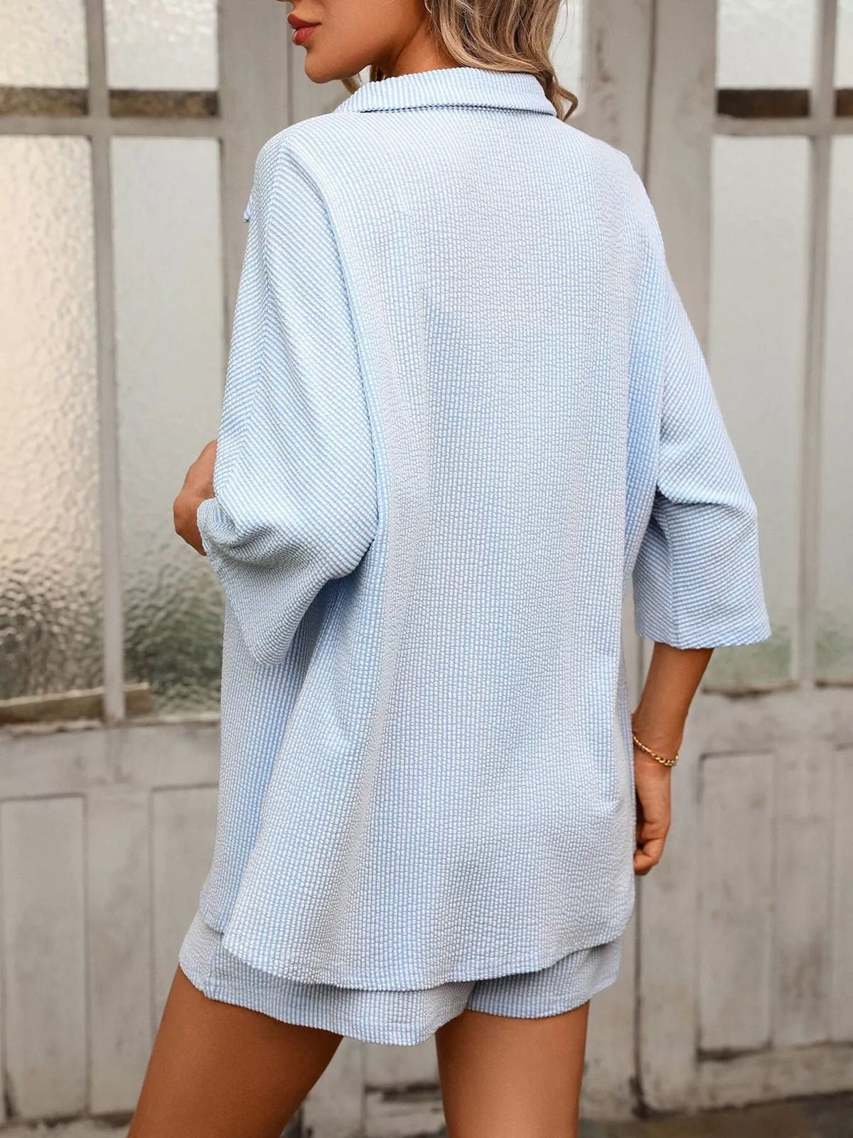 Textured Shirt and Shorts Two Piece Set, view 6
