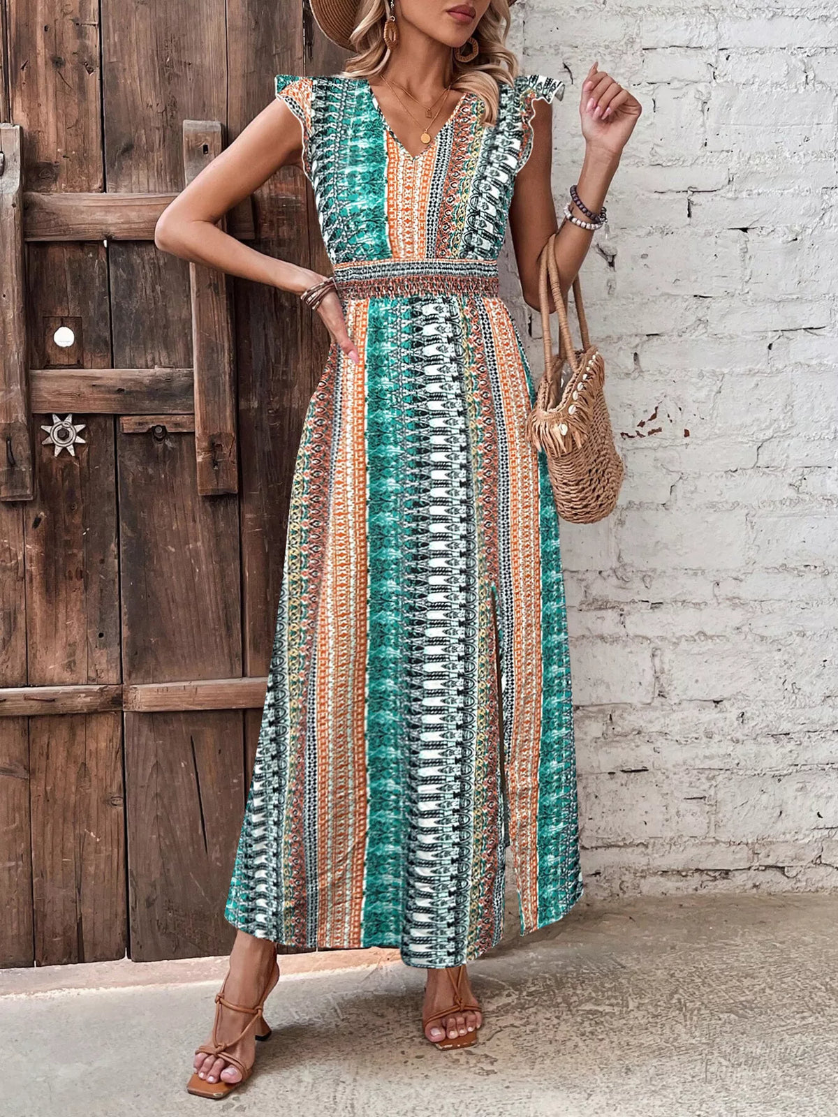 Boho print ruffle sleeve slit dress detail of the fabric