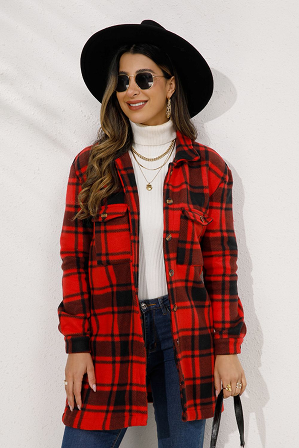 Shiny Plaid Collared Longline Coat Deep Red - Fashorio