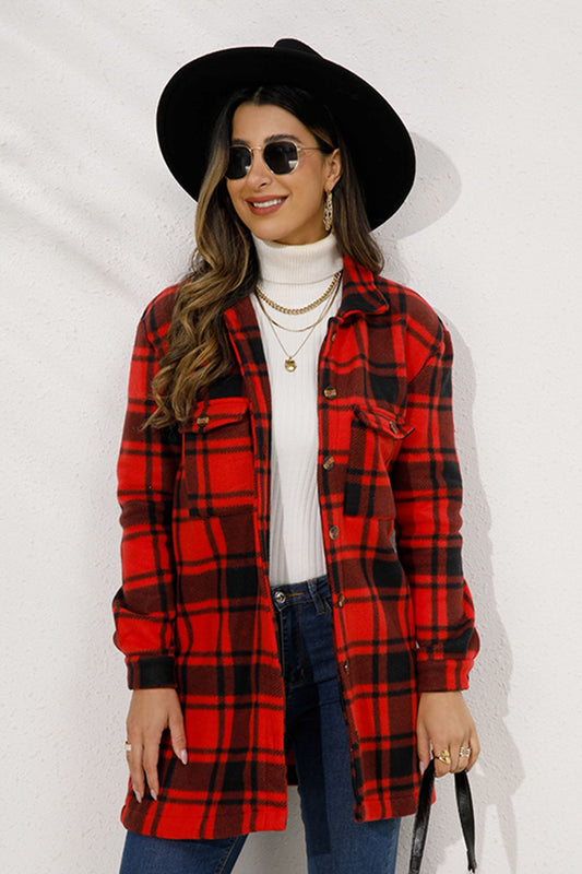 Shiny Plaid Collared Longline Coat Deep Red - Fashorio