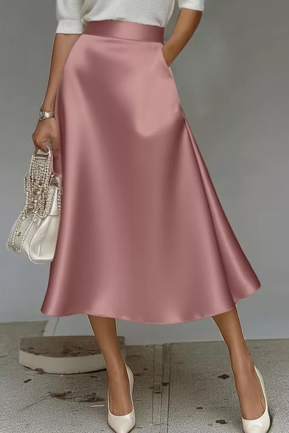 Satin A line midi skirt side view