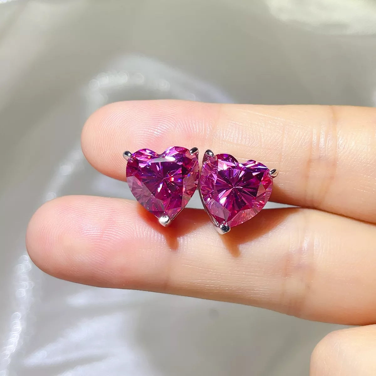 Close up of pink moissanite heart cut stone