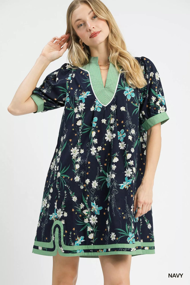 Navy floral puff sleeve contrast trim dress front view