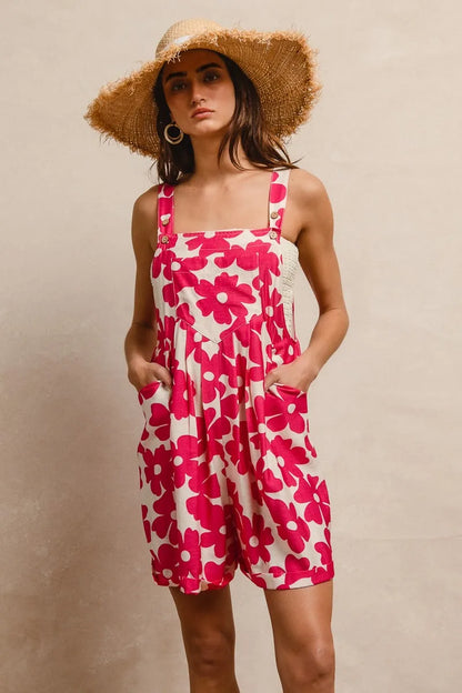 BiBi Floral Prints Tuck Detail Short Overall With Pockets - Fashorio
