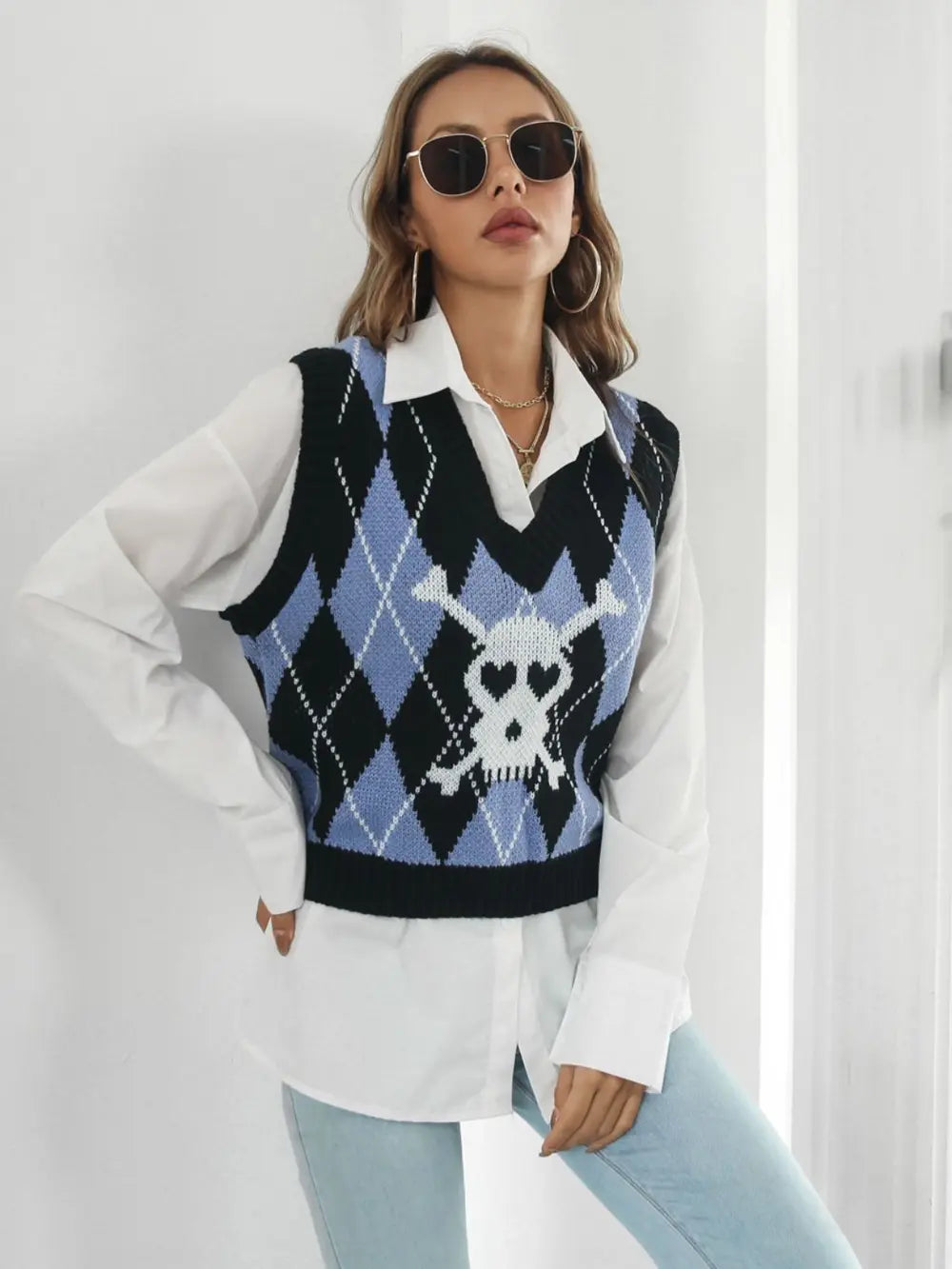 Skull Geometric V Neck Sweater Vest in Black styled look