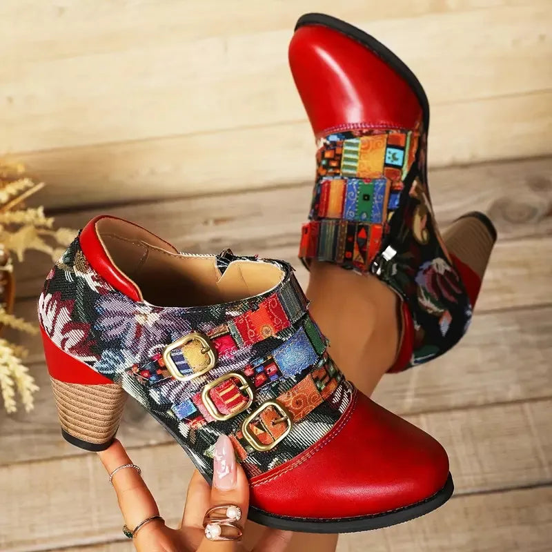 Lace up block heel ankle boots styled with jeans