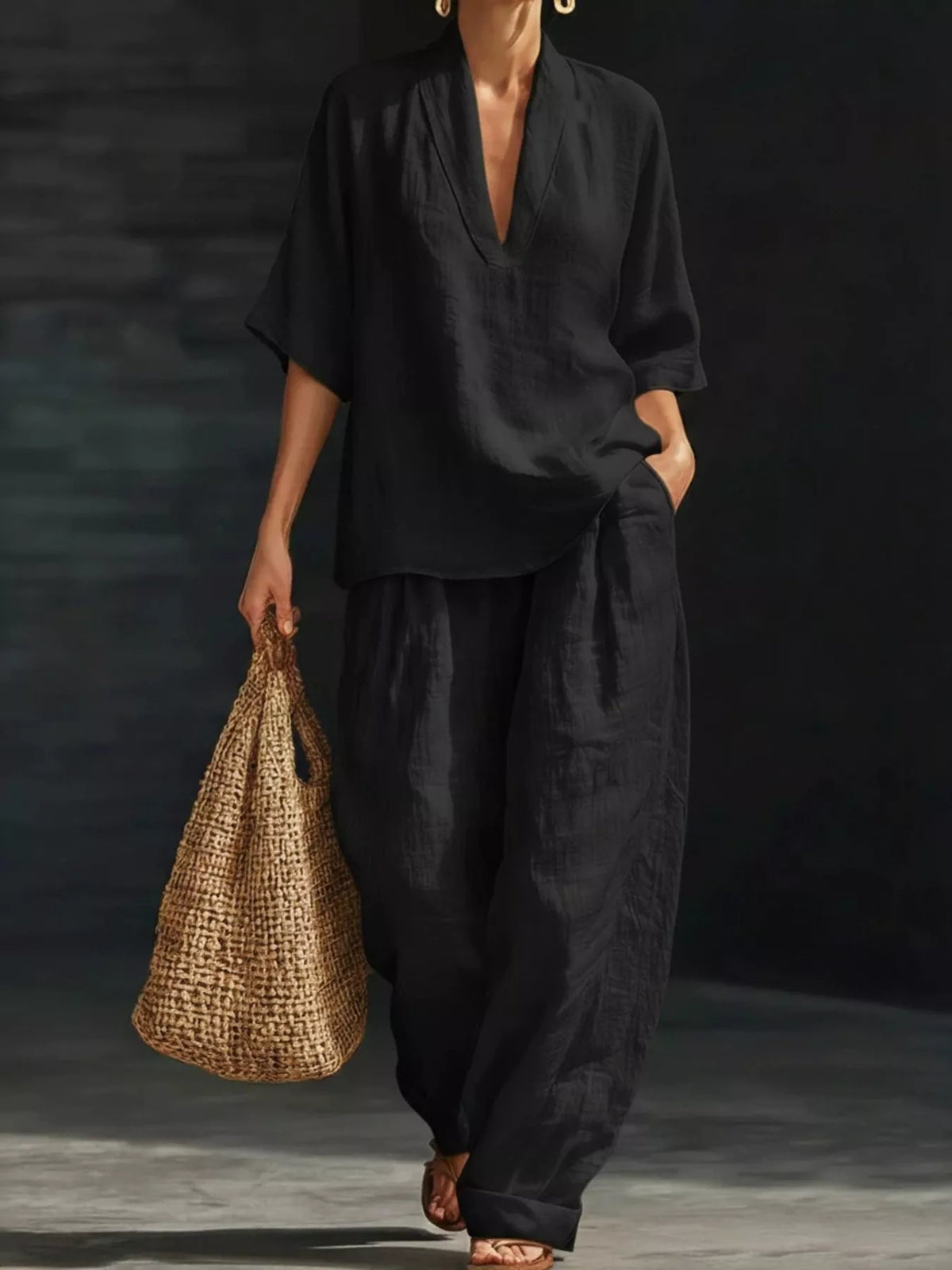 Loose fit top and pants set pocket detail