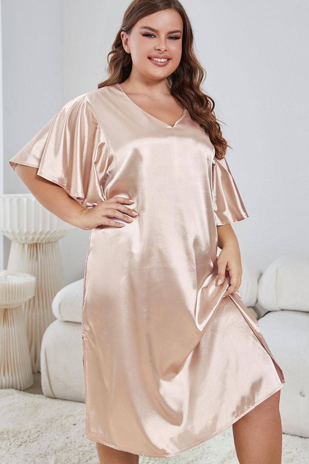 Plus Size Flutter Sleeve V-Neck Side Slit Night Gown Blush Pink - Fashorio