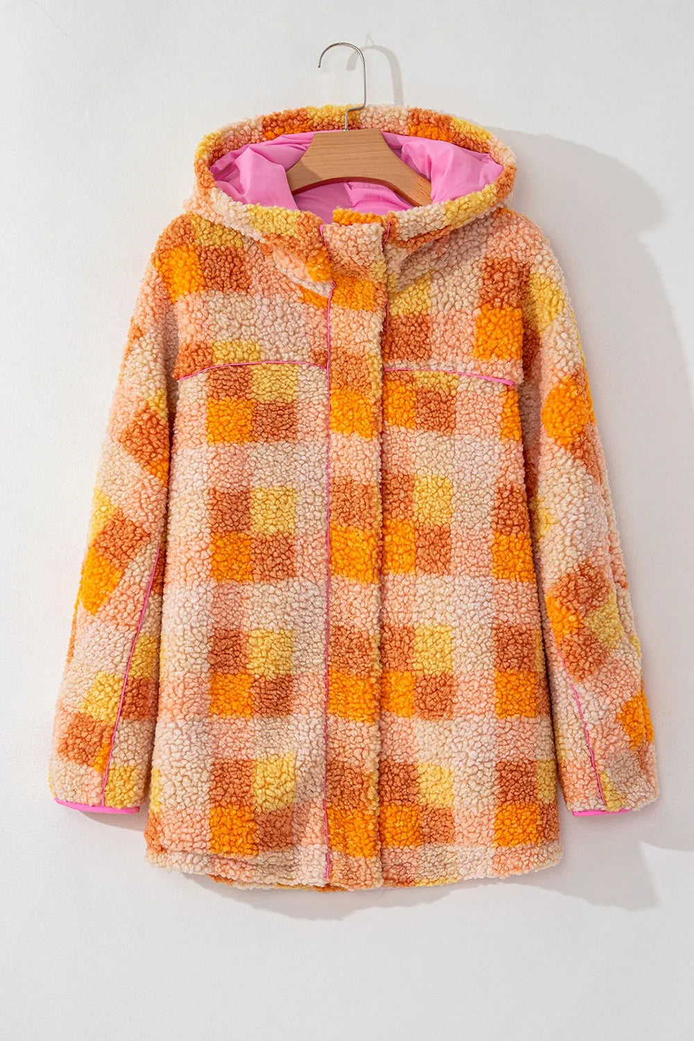 Checkered Sherpa Hooded Jacket in Tangerine close up