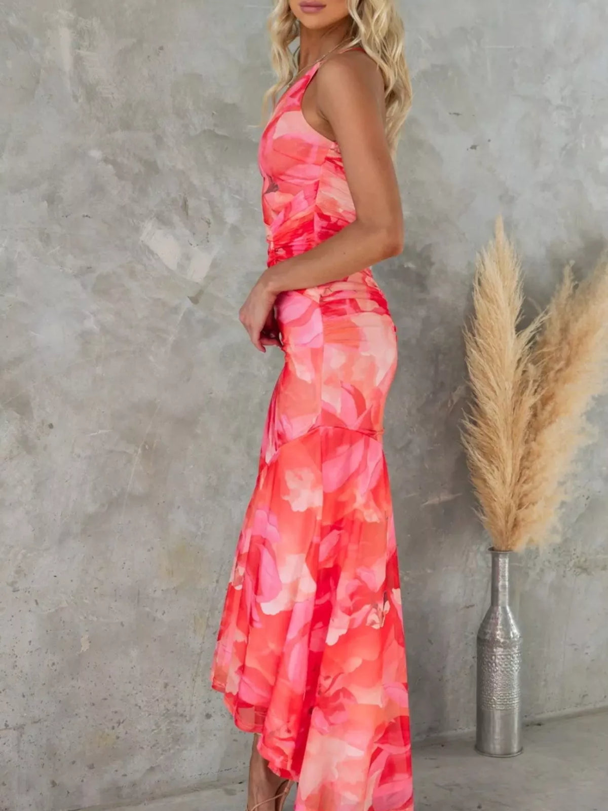 floral one shoulder ruched maxi dress close up view