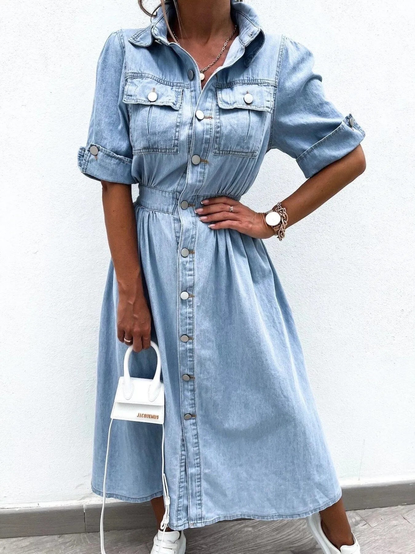 Full Size Button Down Roll-Up Sleeve Denim Shirt Dress Plus Size Light Blue - Fashorio