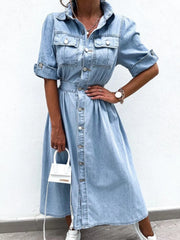Full Size Button Down Roll-Up Sleeve Denim Shirt Dress Plus Size Light Blue - Fashorio