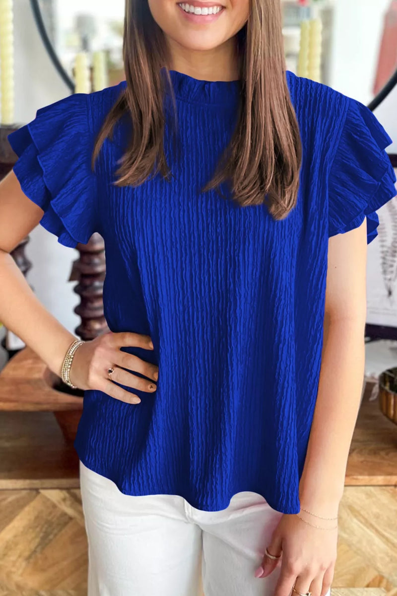 Navy textured ruffle trim short sleeve blouse front view