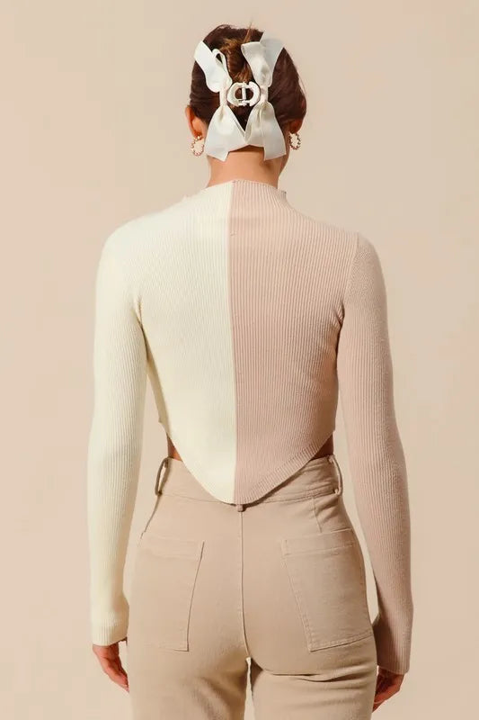 Color Block Fitted Cropped Sweater Top in Taupe and Ivory close up