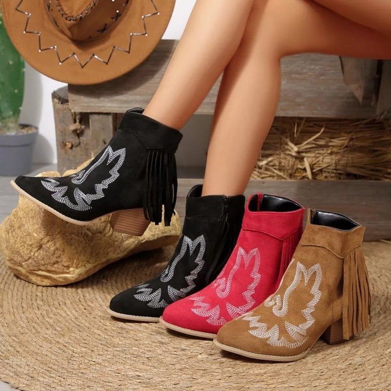 Fringe pointed toe block heel boots front view