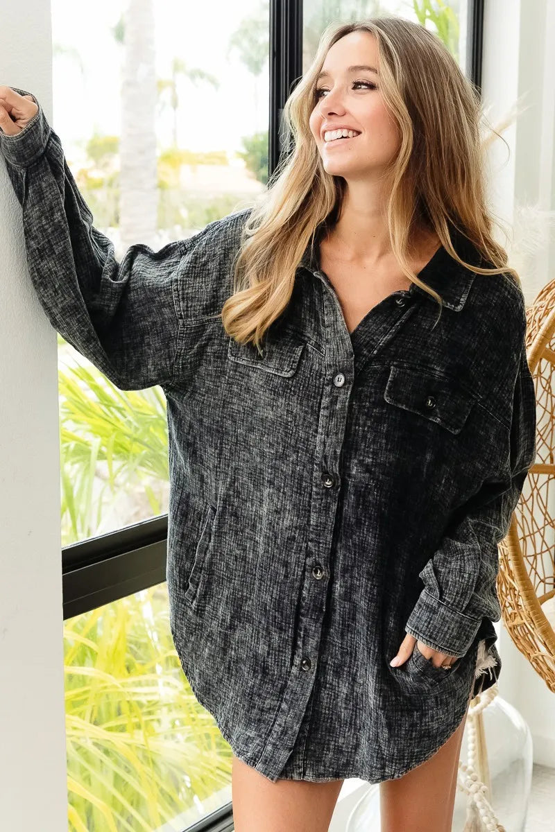 BiBi Vintage Washed Wrinkle Gauze Shacket - Fashorio