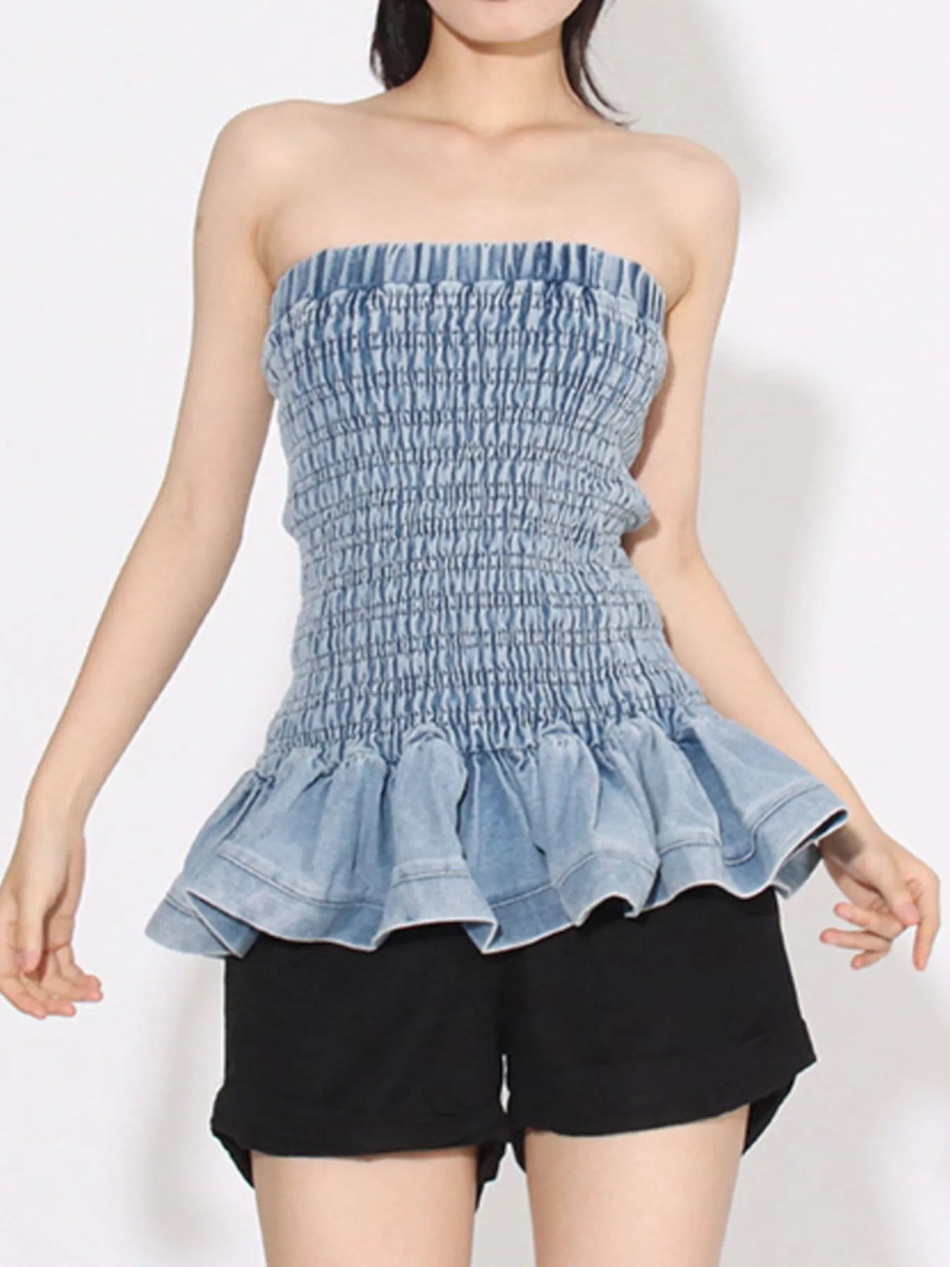Smocked Ruffled Hem Denim Tube Top - Fashorio