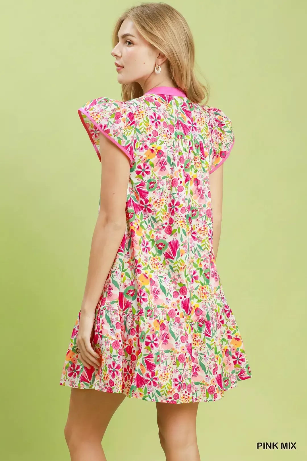 Pink floral flutter sleeve tiered mini dress side view