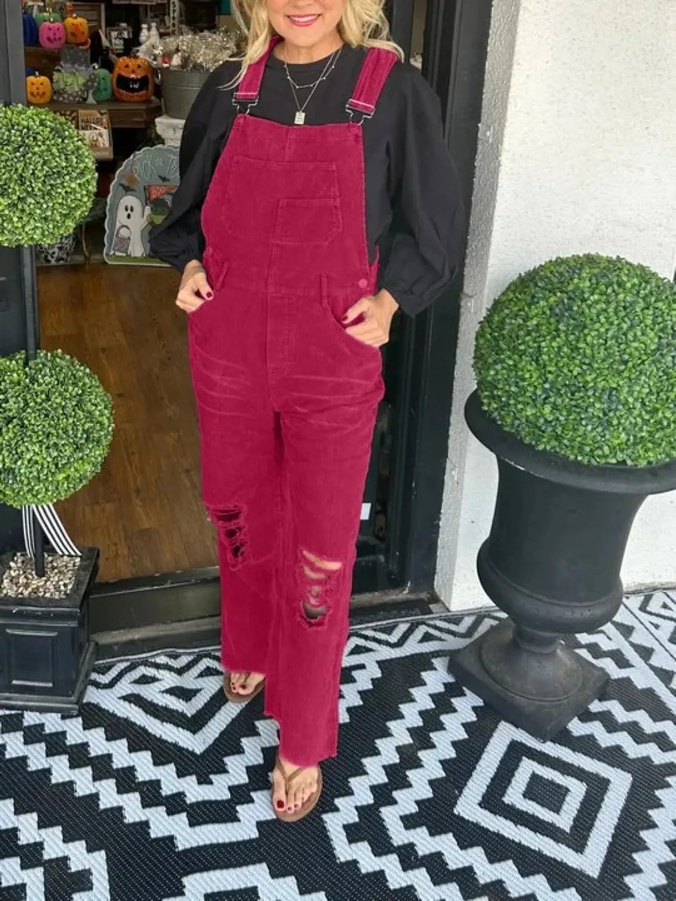 Distressed Wide Leg Corduroy Overalls Rose Red - Fashorio