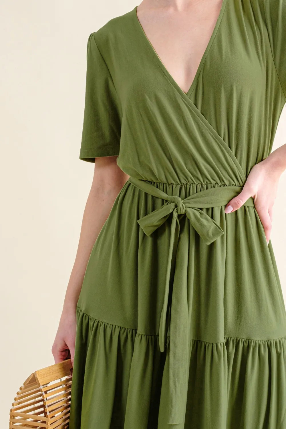 Soft Short Sleeve Tiered Midi Dress on model